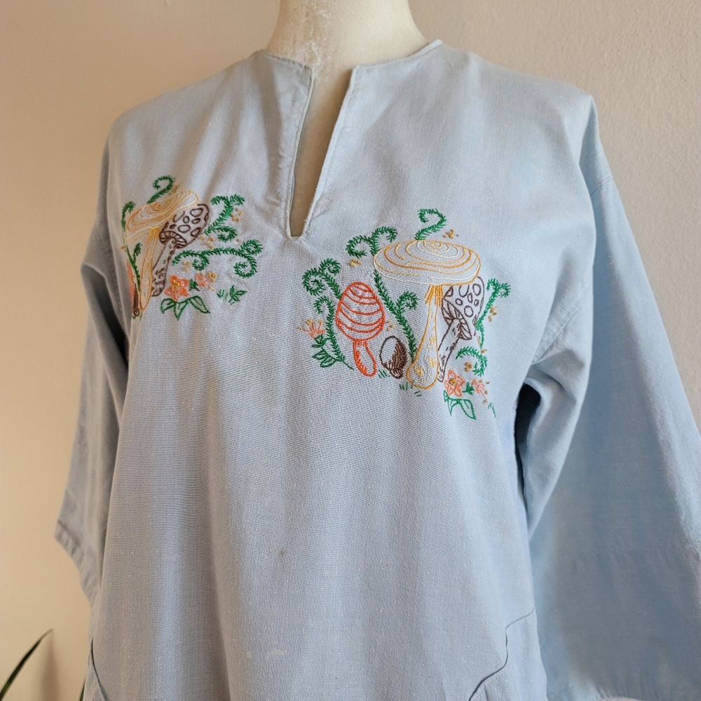 VTG 70s Embroidered Mushroom Denim Caftan Dress - Picture 15 of 16